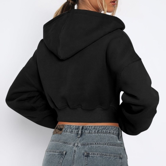 Black Cropped Hooded Zip-Up Jacket - Picture 3 of 7